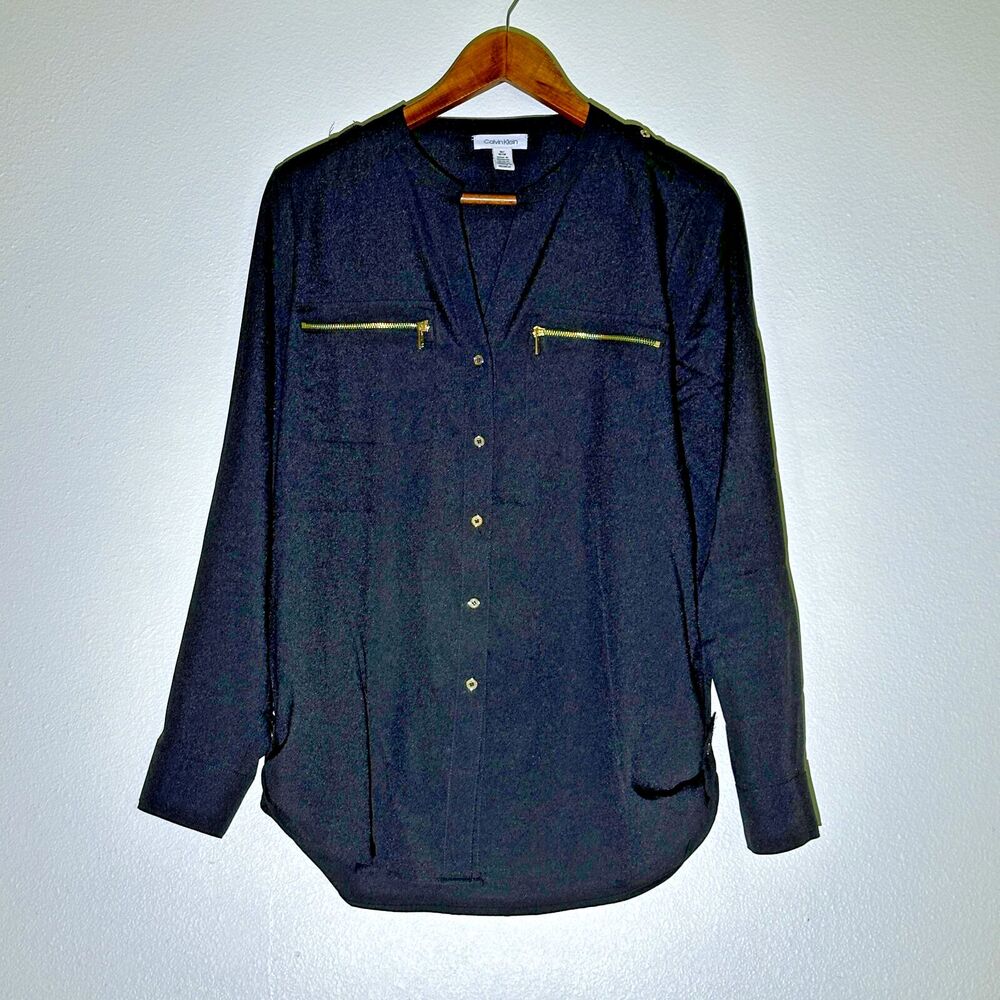 Calvin Klein Womens Long Sleeve M‎ Blouse Gold Accent Button Up Tops Shirt